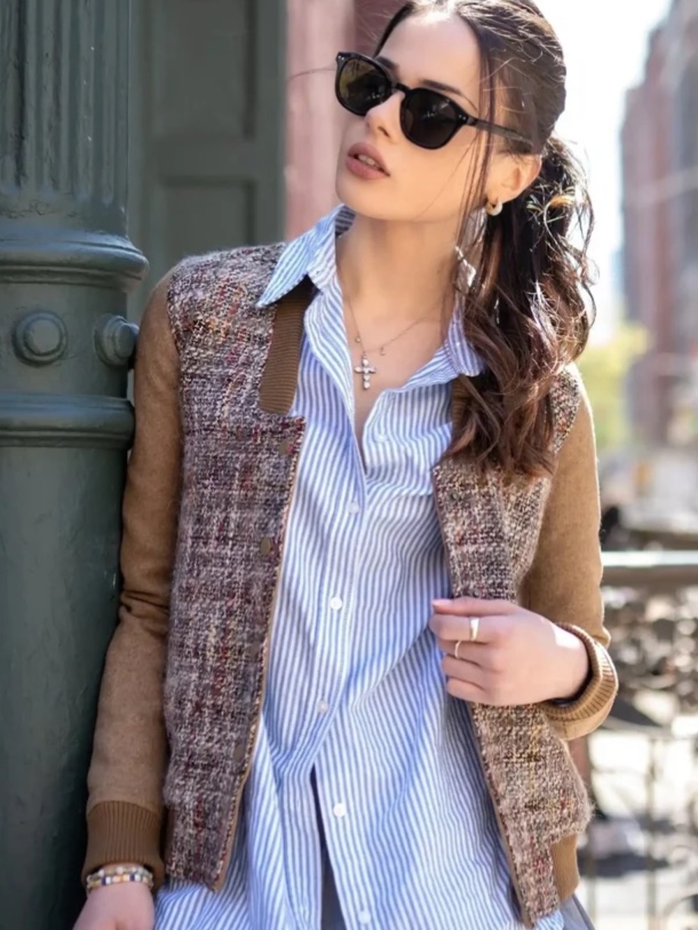 NWT MEMBERS ONLY Women's Chanel Wool Tweed Varsity Jacket With Contrast Sleeve